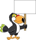 Cartoon happy toucan holding a large sign.