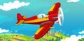 Cartoon happy traditional plane fire fighter with propeller smiling and flying over city Royalty Free Stock Photo