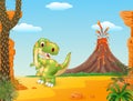 Cartoon happy tyrannosaurus dinosaur in the volcano background Royalty Free Stock Photo