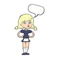 cartoon happy waitress woman with speech bubble