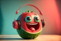 Cartoon happy watermelon with open mouth and pearly teeth with leaf on the head