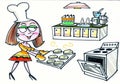Cartoon of happy woman baking scones in kitchen