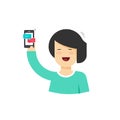 Cartoon happy woman holding smartphone with chatting notifications, female person with mobile phone and sms messages Royalty Free Stock Photo