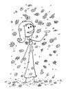 Cartoon of Happy Woman Surrounded by Falling Flowers or Blossoms Royalty Free Stock Photo