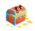 Cartoon happy wooden chest with gold and eyes