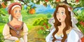 Cartoon happy young bride and servant talking in the garden full of roses