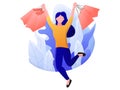 Cartoon of a happy young woman jumping with 4 shopping bags in her hands during the sale or discount at the market, vector flat