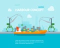 Cartoon Harbour of Port Town Concept Banner Card. Vector Royalty Free Stock Photo
