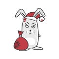 Cartoon hare. Evil bunny in santa hat with a bag of gifts.