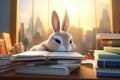 Cartoon hare fell asleep on books