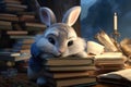 Cartoon hare fell asleep on books