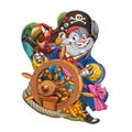 Cartoon hare the pirate at a ship steering wheel.