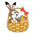 Cartoon Hare or Rabbit in basket full of decorated Easter eggs. Template design element for greeting card, poster or cover.