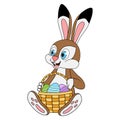 Cartoon Hare or Rabbit sitting and holding basket full of decorated Easter eggs. Template for holiday, decoration or design. Royalty Free Stock Photo