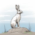 Cartoon Hare On Rock Realistic Seascape Style Illustration