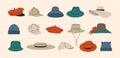 Cartoon hats. Brimmed hat panama cap beret fedora, stylish headwear accessories, doodle fancy clothing. Vector flat set