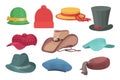 Cartoon hats. Different types of headgears. Summer caps. Fashionable collection. Autumn or winter headwear. Beret and