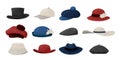 Cartoon hats. Fashion caps collection of vintage men and women head wearing, classic ladies and gentlemen headgear