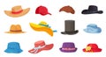 Cartoon hats. Female and male headwear, derby and cowboy, straw hat, cap, panama and cylinder. Summer women vintage fashion hats