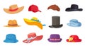 Cartoon hats. Female and male headwear, derby and cowboy, straw hat, cap, panama and cylinder. Summer women vintage