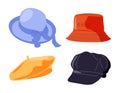 Cartoon hats. Female and male headwear, derby and cowboy, straw hat, cap, panama and cylinder. Summer women vintage