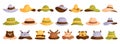 Cartoon hats. Female,male and kids headwear, derby and cowboy, straw hat, panama. Summer women vintage fashion hats Royalty Free Stock Photo