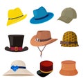 Cartoon hats. Male and female stylish accessories of wardrobe headwear flat fashion collection