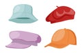 Cartoon hats. Women's and men's hats, panama, beret, cap and beret with a visor. Summer