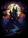 Cartoon haunted house on hill on night with full moon. AI Royalty Free Stock Photo