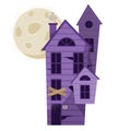 Cartoon haunted purple wooden witch house with full moon.