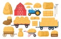 Cartoon haystack, agricultural hay heaps, hay in wheelbarrow and canvas bag. Cartoon farming haymow, fodder straw, tractor and