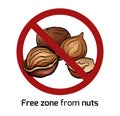 Cartoon hazelnut in the prohibition sign. Free zone from nuts. Ban on allergens. Allergy Alert. Badges with forbiddance