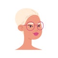 Cartoon head of a woman wearing glasses. Short-haired blonde head in bright pink lipstick. Female avatar illustration