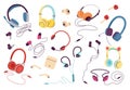 Cartoon headphone. Earphones for smartphone, music record and listening. Electronic devices wireless and wired equipment