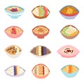 Cartoon healthy oatmeal porridge in bowls with different organic fillings and traditional vegetarian diet oat morning