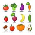 Cartoon healthy vegetable set. Vegetable and fruits isolated on white background.