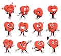 Cartoon heart character. Cute red shape with clipart hands and legs. Love or romance mascots poses and expressions Royalty Free Stock Photo