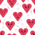 Cartoon hearts emoji seamless pattern. Happy valentines, comic characters wallpaper design, red love and romantic Royalty Free Stock Photo