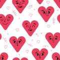 Cartoon hearts emoji seamless pattern. Happy valentines, comic characters wallpaper design, red love and romantic isolated symbols Royalty Free Stock Photo