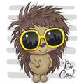 Cartoon Hedgehog with yellow sun glasses on striped background