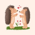 Cartoon hedgehogs. Little forest wild animals. Romantic couple. Woodland urchins. Funny mammals. Kiss and hugs