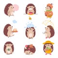 Cartoon hedgehogs stand and play. Hedgehog sleep, eating sweets and drink tea. Cute baby animal, forest autumn creatures