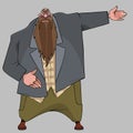 Cartoon hefty bearded country man points his hand to the side Royalty Free Stock Photo