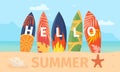 Cartoon hello summer poster with surfboard on sea beach. Tropical island landscape with swimming board on sand. Surf Royalty Free Stock Photo