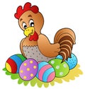 Cartoon hen with Easter eggs Royalty Free Stock Photo