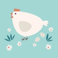 cute cartoon hen and easter eggs in the meadow funny vector illustration on turquoise background Royalty Free Stock Photo