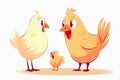 Cartoon hen and rooster teaches chick on white background