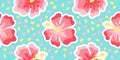 Cartoon hibiscus, Hawaii, vector seamless pattern in the style of doodles, hand drawn