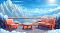 Cartoon high house or hotel penthouse with wooden patio or balcony. Rocky snowy mountain peaks above clouds in blue sky