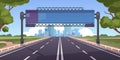 Cartoon highway. Empty road with city skyline on horizon and nature landscape, highway view. Vector scene with road to